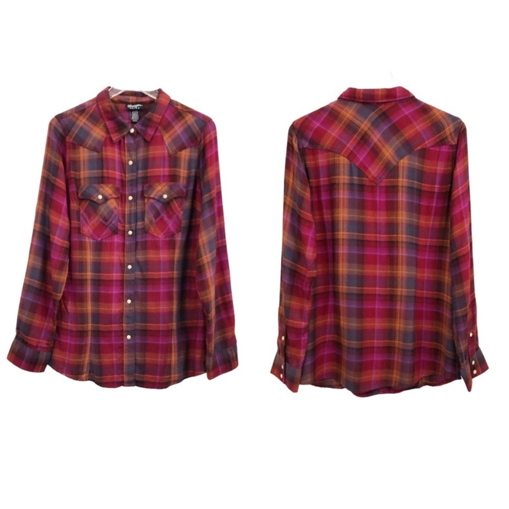 Wrangler | Pearl Snap Retro Flannel Purple Plaid Western Shirt Medium - Picture 2 of 14